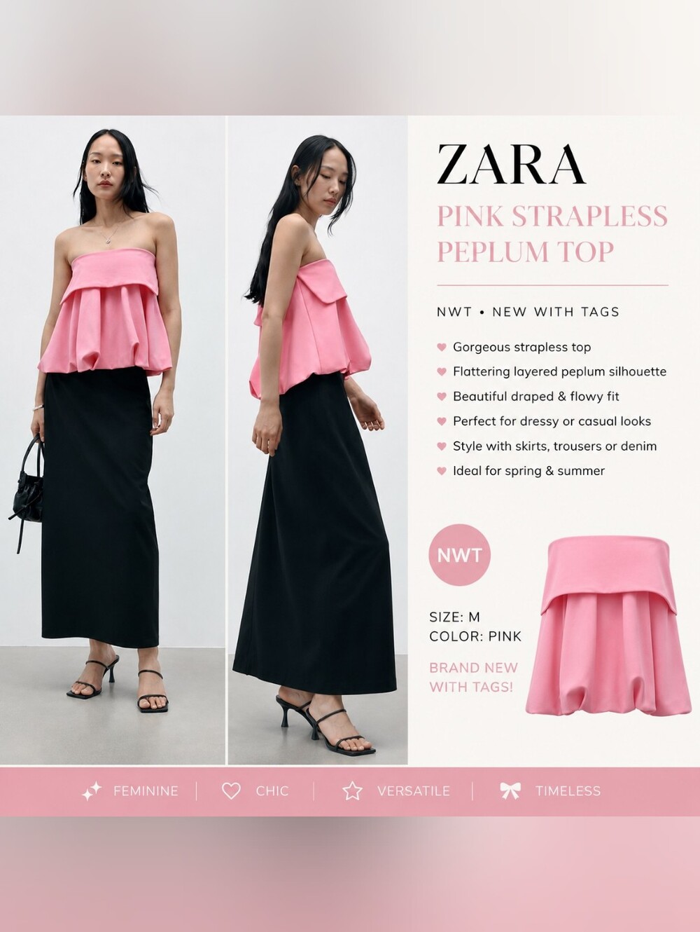 ZARA Pink Strapless Peplum Top - Women's